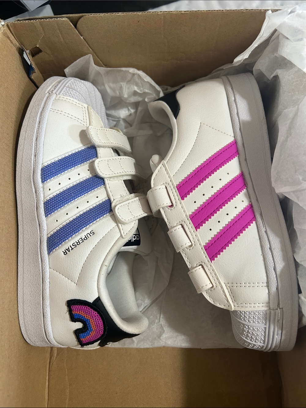 adidas Kids White Sneakers with Pink & Blue Stripes